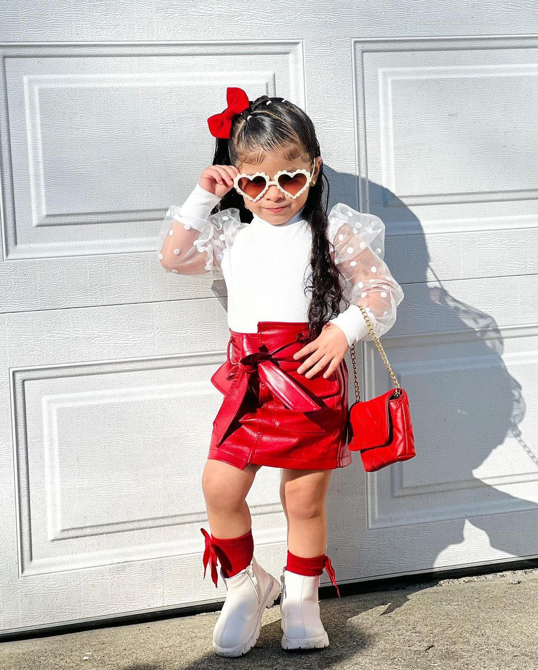 2-7y Girl Fashion White Polka Dot Mesh Puff Sleeve Panel Top and