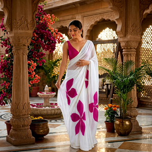 Sari en coton blanc à imprimé floral rose, tenue traditionnelle indienne pour mariage, longueur ras du sol, coupe classique, sans plis, style Bollywood - Product Image 1