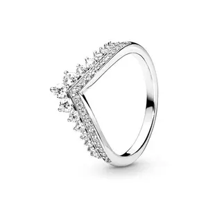 Terlaris 925 cincin perak mahkota putri cincin pertunangan berlapis 18k 925 perak murni berlapis cincin zirkon untuk wanita
