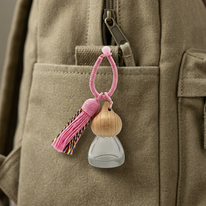 Diffuseur d'arômes en verre en forme de gourde avec capuchon en bois à pompon rose, flacon de parfum vide pour la décoration de voiture, de maison et de placard - Product Image 6