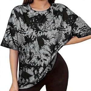 Camiseta Oversize Tie Dye para Mujer, Manga Corta, Cuello Redondo, Corte Holgado, en Algodón/Bambú Negro, Tejido Transpirable, Primavera/Verano - Product Image 4
