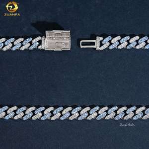 Colar Masculino Fino de Prata S925 10MM, Estilo Hip Hop Iced Out, com Diamantes Moissanite VVS de Corte Redondo, Cores Azul Água e Branco Misto, Corrente Elo Cubano - Product Image 3