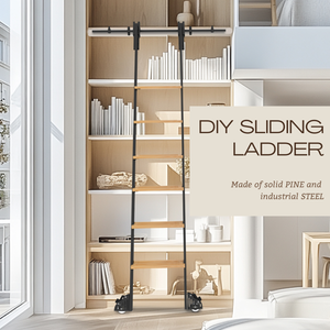 سلم مكتبة متحرك قابل للتمدد من كينميد، طقم سلم منزلق للرفوف مصنوع من الفولاذ والخشب مع فرامل - Product Image 3