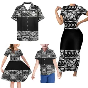 Wholesale Polynesian Print 5xl Men Shirt Family Clothing 4pcs Set Little Girls Dresses Boy's Shirt Dad and Son Matching Outfits