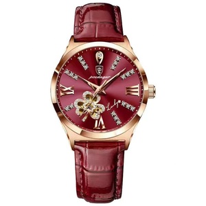 Montre squelette de luxe pour femme en or rose, bracelet en cuir, cadran fleuri élégant, montre-bracelet à quartz pour femme, cadeau - Product Image 6