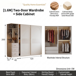 <span class=keywords><strong>Armoire</strong></span> coulissante moderne blanc crème en panneaux OSB pour chambre à coucher avec rangement supérieur et étagères latérales ouvertes, tailles personnalisables - Product Image 4