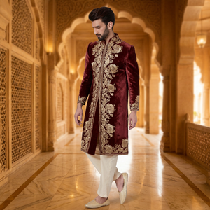 HEAVY ZARI EMBROIDERY on STYLISH GROOM MAROON SHERWANI,<b>PANT</b> & MATCHING SHOE WITH Men's Suits & Blazer>Men's Suits - Product Image 4