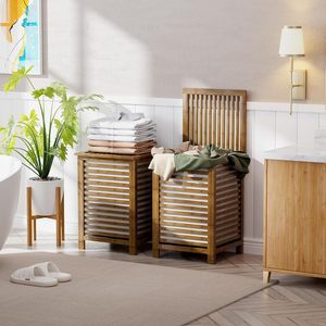 Bamboo Storage <b>Basket</b> Rectangle Flip Top Laundry Organizer For Bathroom And Laundry Room Clothing Storage - Product Image 1