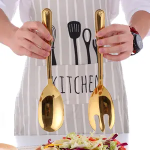 大沙拉勺叉子套装不锈钢厨房食品服务器面食用具公共黄金餐具使用自助餐厅工具