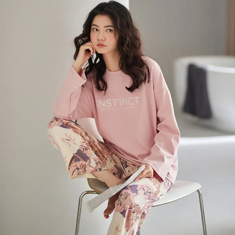 Pillama-Pijama De algodón De manga larga para Mujer, ropa De dormir De 2 piezas, traje De noche, Primavera
