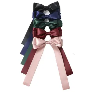 Wholesale women hair accessories silk satin bow hair barrettes with long tail butterfly ribbon hair clips