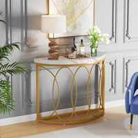 Magnifique Table Console Demi-Lune en Faux Marbre Blanc Doré 43 pouces pour Salon, Entrée ou Présentoir Antique