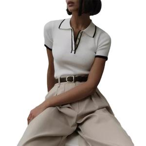 Nouveauté été 2024, haut à manches trois quarts ajusté, col châle, tricot côtelé serré, couleurs contrastées, style vintage - Product Image 5