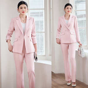 Women's Pink Suit <b>Set</b> Full Sleeve Notched Collar Spring <b>Office</b> Lady Formal Wear - Product Image 1