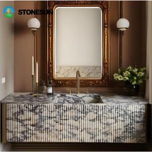 StoneSun Calacatta Viola natuursteen marmeren spoelbak met wastafelonderstel van massief hout voor luxe badkamerprojecten - Product Image 5