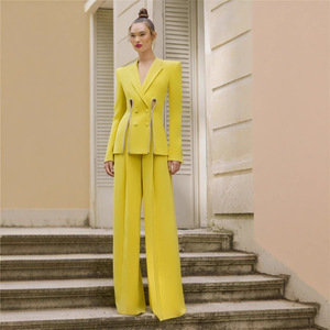 Осенний повседневный женский костюм с V-образным вырезом, желтый, однотонный, персонализированный, для повседневной носки, из камвольной ткани, комплект из 2 предметов, длинный, полиэстер/хлопок - Product Image 2