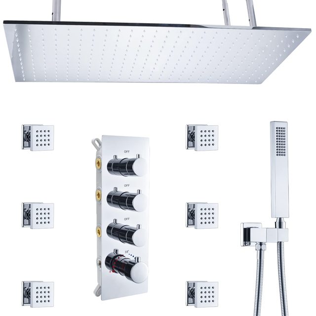Chrome Thermostatic Shower System with 6 Body Jets Ceiling Rainfall Shower Faucet Combo Set with Mixer Valve Trim Kit