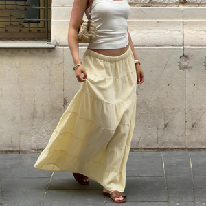 Country Fresh Solid Color A Line Elastic Tiered Midi Skirt Soft Versatile Vacation Style Casual Long Skirt - Product Image 4