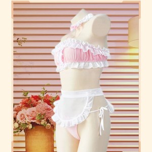 Conjunto de lencería rosa con encaje para mujer, estilo linda y femenina, de 2 piezas, suave, de viscosa, sin mangas, uniforme para juegos de rol. - Product Image 2