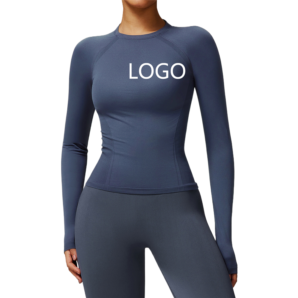 Women's Custom Logo Athletic Gym Top with Breathable Nylon Spandex Long Sleeve Thumb Hole Yoga Compression Top Naked Feel
