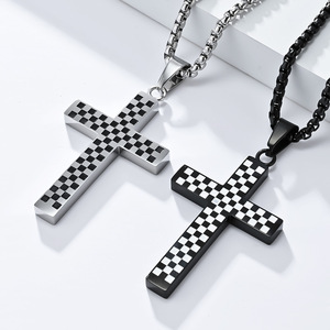 Mountain and Sea yunnique Jewelry <b>Titanium</b> Steel Black and White Checkered Cross Necklace, Niche Design Racing Flag - Product Image 2