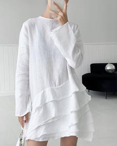 Nouveau design été décontracté ample à manches longues O cou <span class=keywords><strong>multicouche</strong></span> volants vêtements de vacances femmes <span class=keywords><strong>blanc</strong></span> lin Maxi robe - Product Image 1