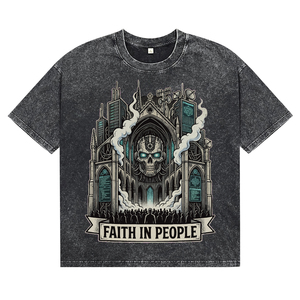 T-shirts pour hommes, style simple, col rond, manches courtes, respirants, 100% coton, tissu noir délavé, impression punk personnalisée, style streetwear - Product Image 1