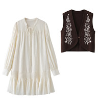 Ensemble de veste en tricot brodée de fleurs vintage pour femmes, robe à manches longues texturée avec détail de nœud, tenue en 2 pièces, automne