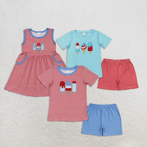 Ensemble haut à manches courtes brodé avec nœuds et short rayé pour bébés filles - Product Image 3