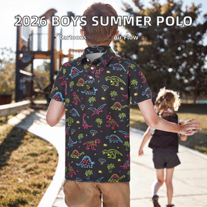 Polo à manches courtes pour homme, imprimé dinosaure de dessin animé, décontracté, respirant, en polyester tissé, noir avec couleurs néon - Product Image 2