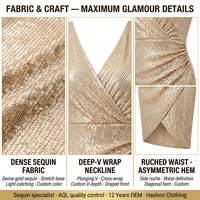 Robe Mini Asymétrique Moulante à Paillettes Personnalisée Col V Profond Manches Longues Froncée pour Femme – Vente en Gros Fabricant OEM