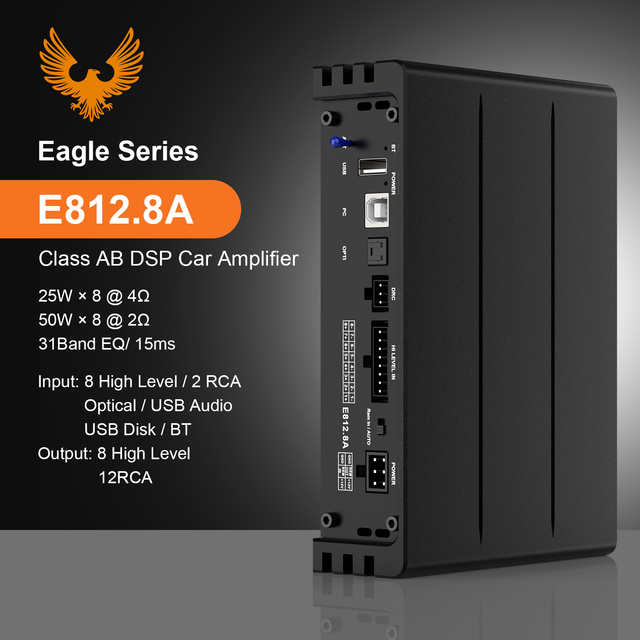 Audiowinner E812.8A 8-In 12-Out Professional Class AB 2-Channel Car Audio DSP Amplifier 25W/50W Power 31Band EQ Bluetooth 5.1