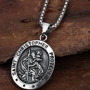 Collier pendentif religieux rétro vintage en acier inoxydable Saint <span class=keywords><strong>Christophe</strong></span> Protège-nous Croix Sainte - Product Image 2