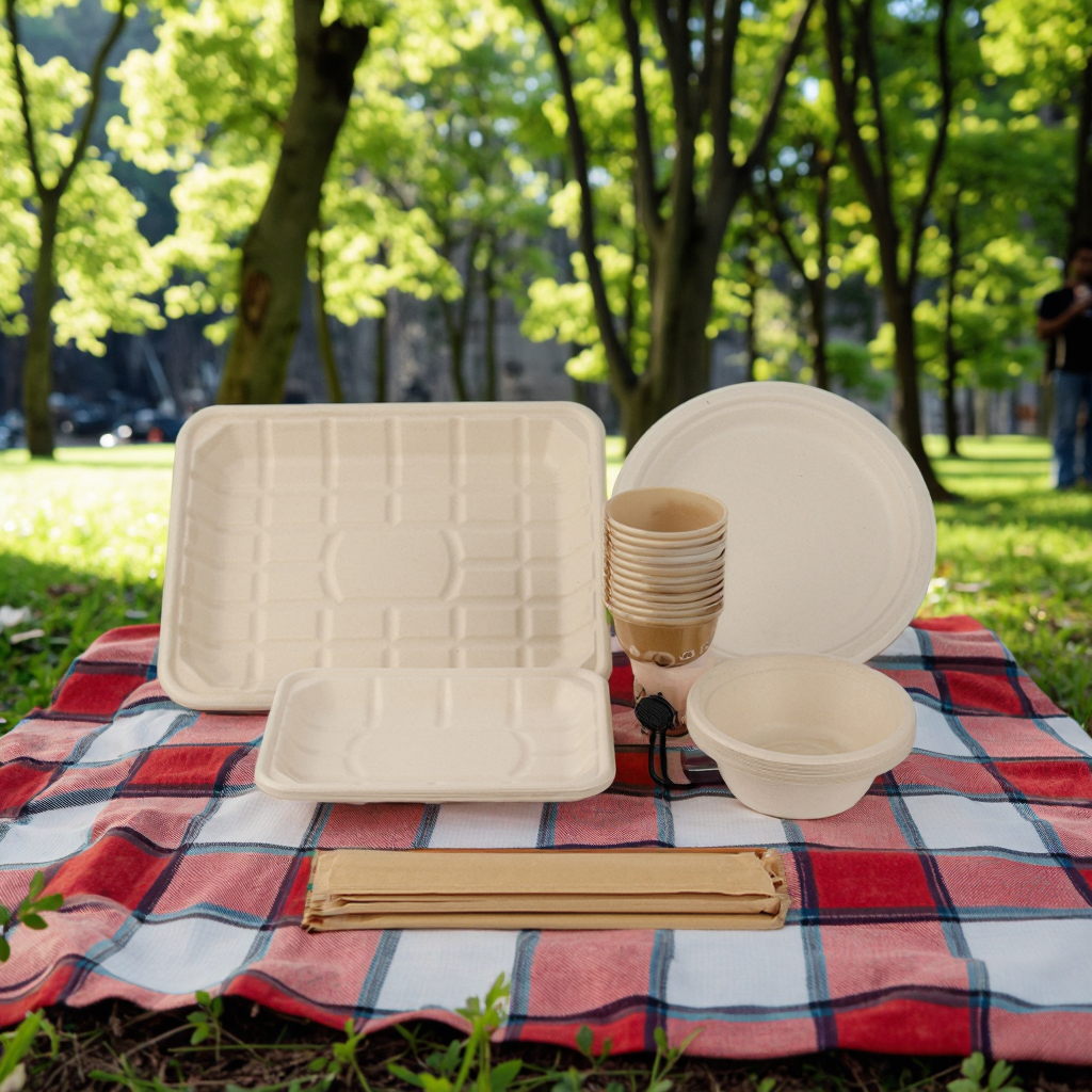 Wholesale 100% Biodegradable Reusable Food Grade Paper Party Set Disposable Plates Bowls Cups for Barbecue Outdoor Picnics