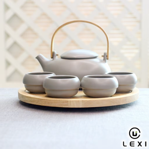Service à thé en céramique durable de style japonais blanc moderne, théière à poignée en bois, 4 tasses, plateau en bambou, tasses à café en porcelaine pour la maison et l'hôtel - Product Image 2