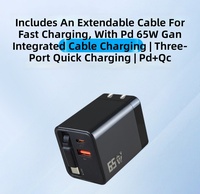 Chargeur mural rapide GaN 65W réel avec câble Type C rétractable, bloc de charge compact pour voyage, chargeur USB C multi-ports