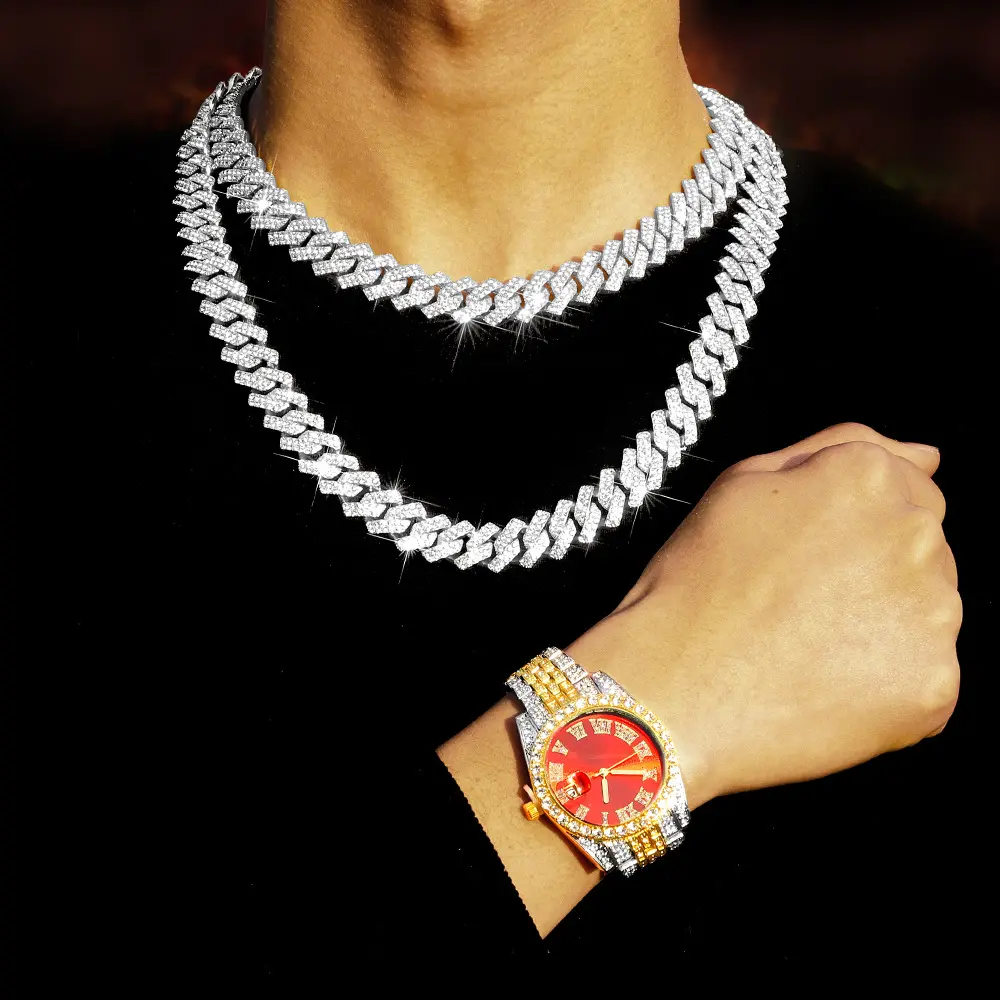 Punk fête cadeau mode strass bijoux Bracelet montre-bracelet 8 Hip Hop 14MM broche chaîne cubaine et rappeur cubain colliers ensemble