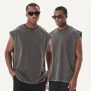 Tank Top Gym Clothing Cut Off Tank Top 100% Cotton Grey Washed Sleeveless T-shirt Custom Vest Digital Printing Men