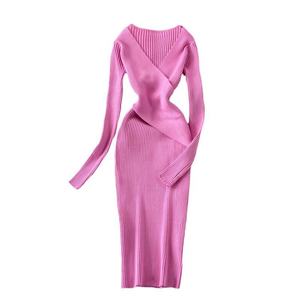 Conjunto de Vestido Suéter Negro Elegante para Mujer al por Mayor, Ropa de Moda Chic con Cuello en V, Vestidos Ajustados de Punto Acanalado para Otoño e Invierno - Product Image 1