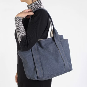 Sac fourre-tout multifonctionnel en toile bleue pour femmes, vente en gros, avec poches, idéal pour le shopping - Product Image 4