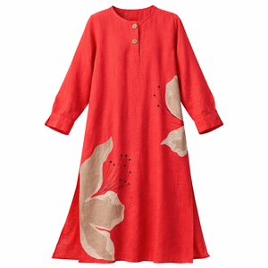 <span class=keywords><strong>Abito</strong></span> Casual Midi Personalizzato da Donna <span class=keywords><strong>in</strong></span> Misto <span class=keywords><strong>Lino</strong></span> e Cotone Rosso <span class=keywords><strong>Beige</strong></span> con Applicazioni Floreali Collo Rotondo Bottoni Henley Manica Lunga con Spacco Laterale - Product Image 2
