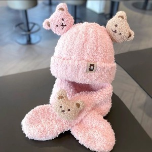 곰 스타일 두꺼운 겨울 단색 마이크로파이버 유아용 아기 모자 스카프 2피스 세트 만화 어린이 따뜻한 모자 스카프 세트 - Product Image 6