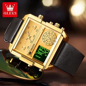  Montre pour homme, bracelet en cuir tendance, montre électronique carrée à quartz, montres pour hommes, double fuseau horaire, alarme, chronomètre lumineux - Product Image 1