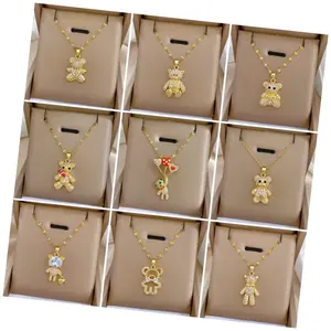 High Quality 18K Gold Stainless Steel Chain Necklace with Brass Cute Beautiful CZ Stone Shiny Bear Pendent for Women Ladies