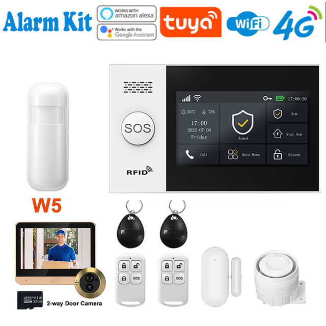 Tuya Smart Home Security Alarm System GSM Touch Screen 4G WIFI 433MHz Door/PIR Sensors ABS Material Kit Peepholes App Remote