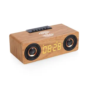 Relógio despertador com tela led, rádio fm, 10w, mesa bt, alto-falante 5.0 com carregador sem fio de madeira