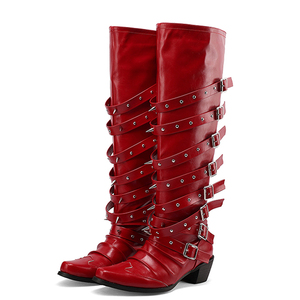 Metal Buckles Women Rivets Knee High <b>Boots</b> Chunky Heels Shoes on Wide Fit Square Toe Long <b>Boots</b> - Product Image 3