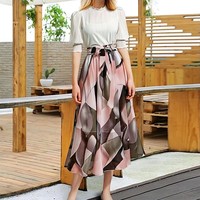 Jupes midi en mousseline à imprimé floral pour femmes, élégantes avec nœud, pour le printemps et l'été, robe de plage, taille haute, jupe décontractée pour femmes