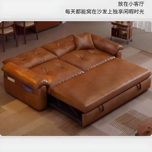 Retro Oil Waxed Leather Sofa <b>Bed</b> Foldable Extendable Vintage Style Living Room Furniture 2025 Model - Product Image 4