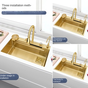 Lavello da <span class=keywords><strong>Cucina</strong></span> Grande Monoblocco in Acciaio Inox 304 Dorato, Design Moderno e Semplice, Fatto a Mano, con Effetto Cascata e Pioggia, Taichung - Product Image 3
